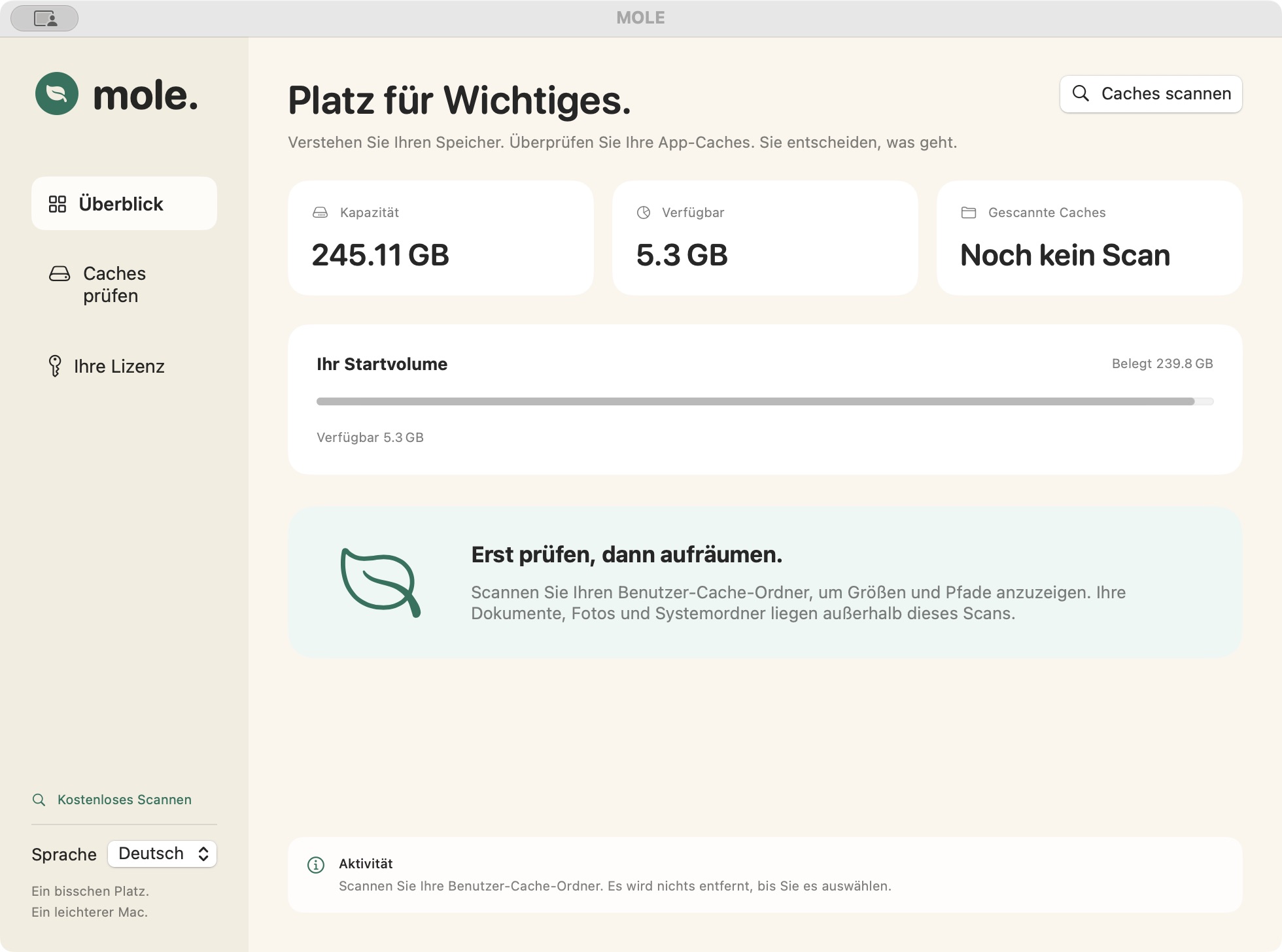 MOLE native Mac-App mit Festplattenkapazität, verfügbarem Speicherplatz und einer Cache-Scan-Zusammenfassung.
