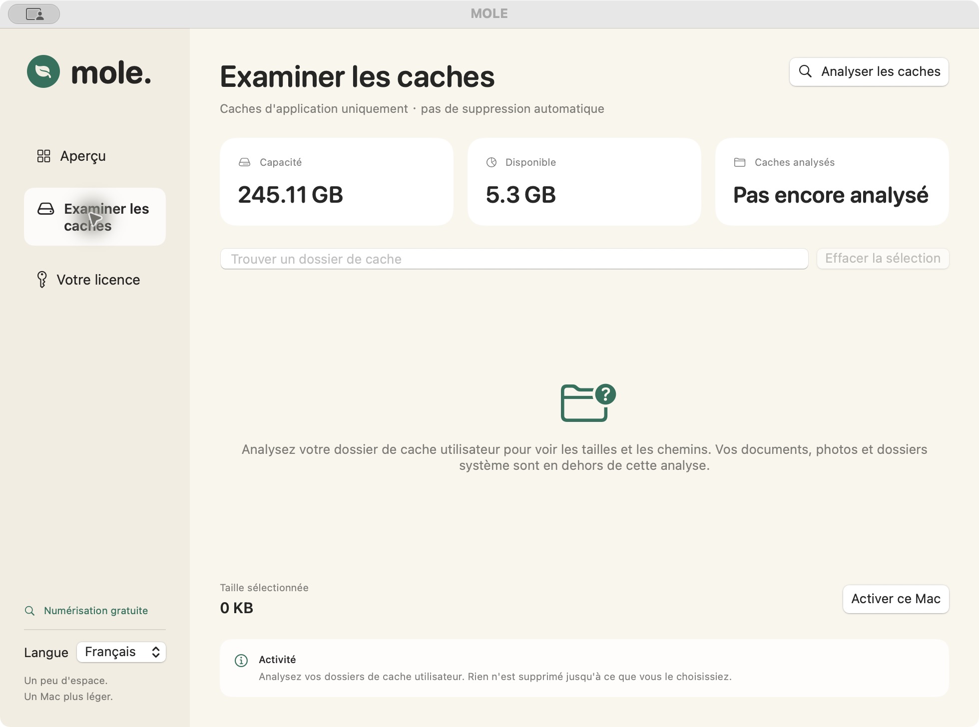 Écran de révision du cache MOLE avec recherche de dossiers, emplacements de fichiers et commandes de sélection.