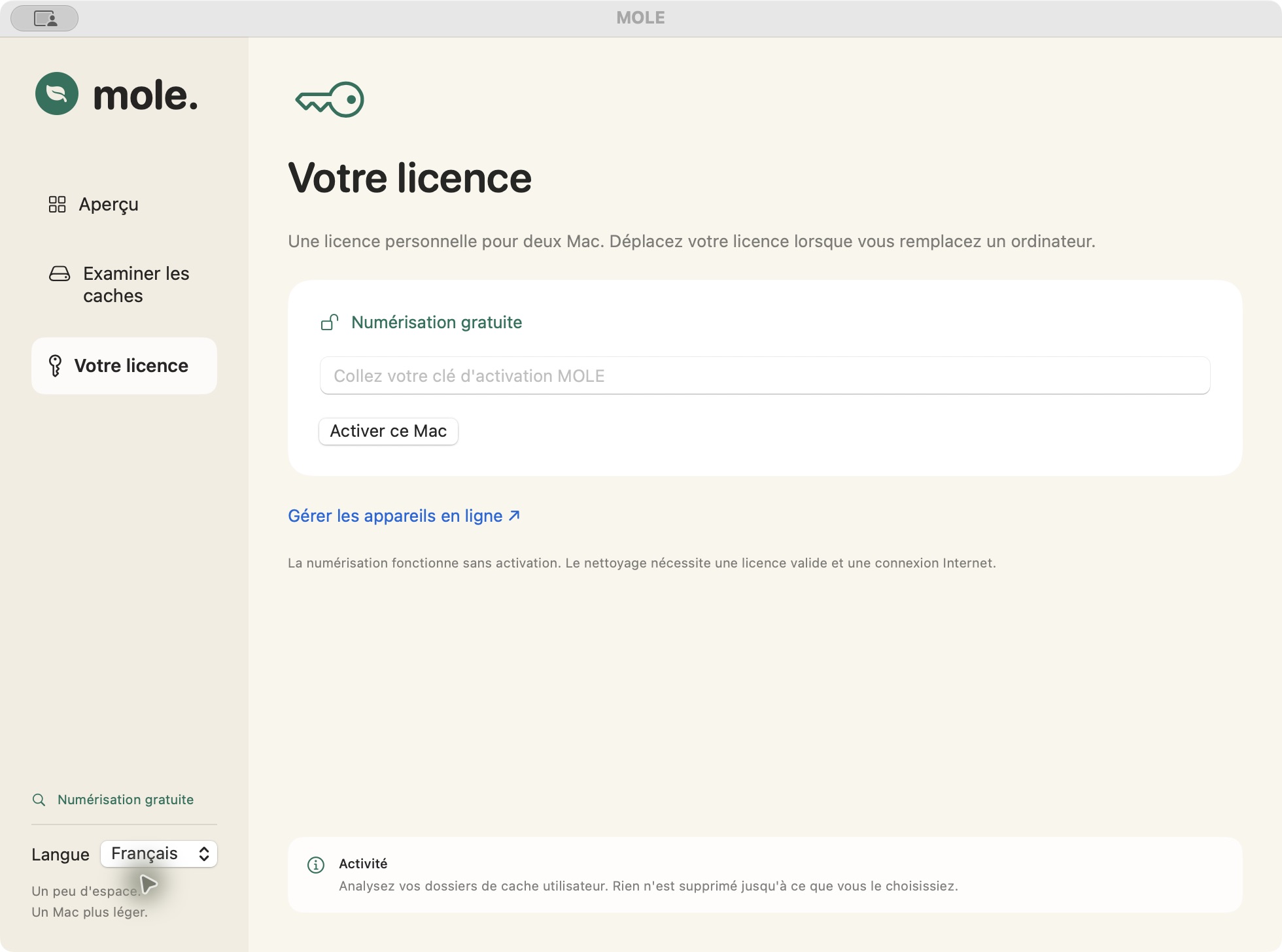 Écran de licence MOLE avec saisie de la clé d'activation et gestion des appareils.